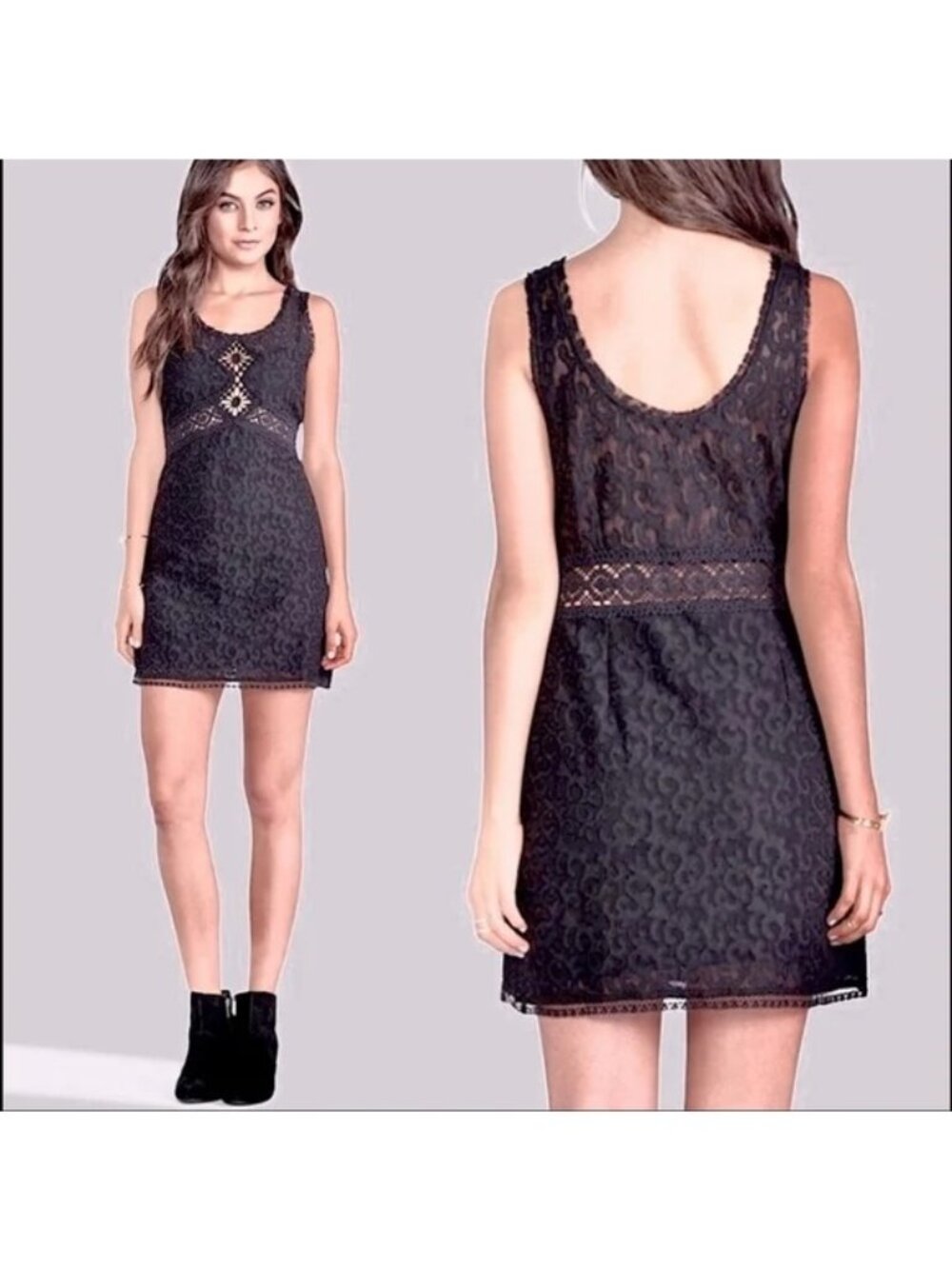 Free People Size M Black Daisy Chain Crochet Lace Sleeveless Mini Shift Dress